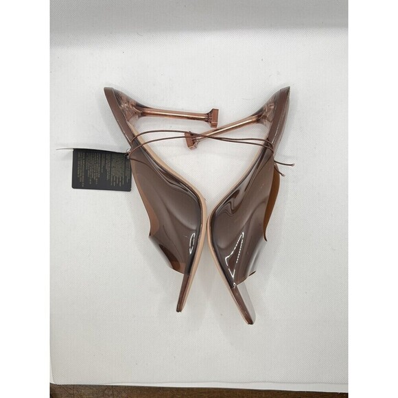 Brown Vinyl Spool Heeled Open Square Toe Slides 8 Transparent Mules x Forever21 - Picture 3 of 15